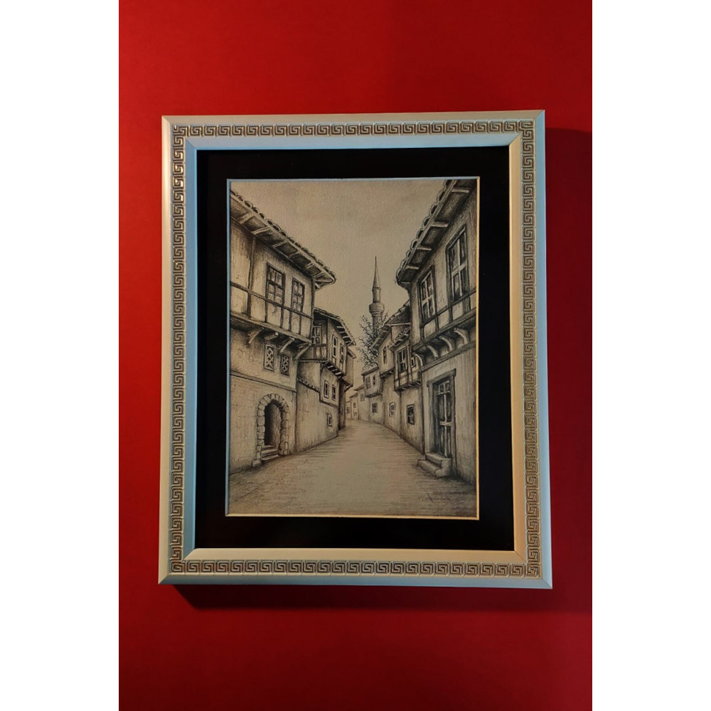 Gerçek Kara Kalem Eski Osmanlı Sokağı Tablosu, Dijital Baskıyla Çoğaltılmış Resim Değildir