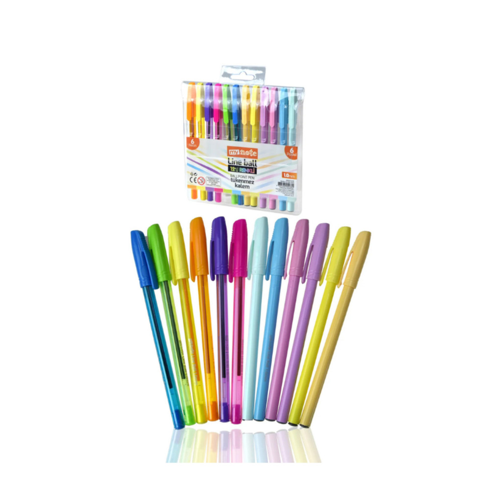 Lineball 12 Renkli Tükenmez Kalem Seti 6 Pastel 6 Neon Renk (1 Adet)