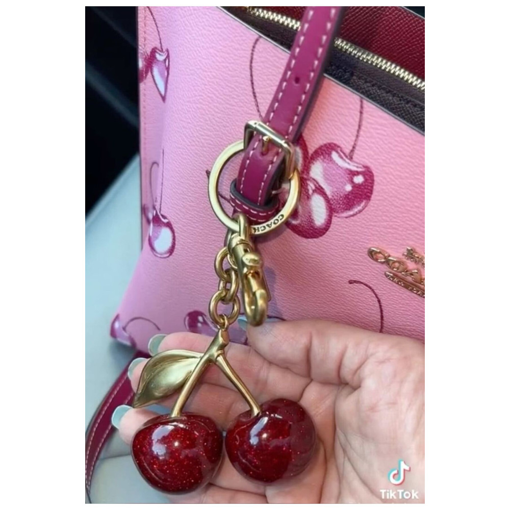 Simli Kiraz Gold Detaylı Kırmızı Viral Çanta Charm Çanta Süsü / Anahtarlık