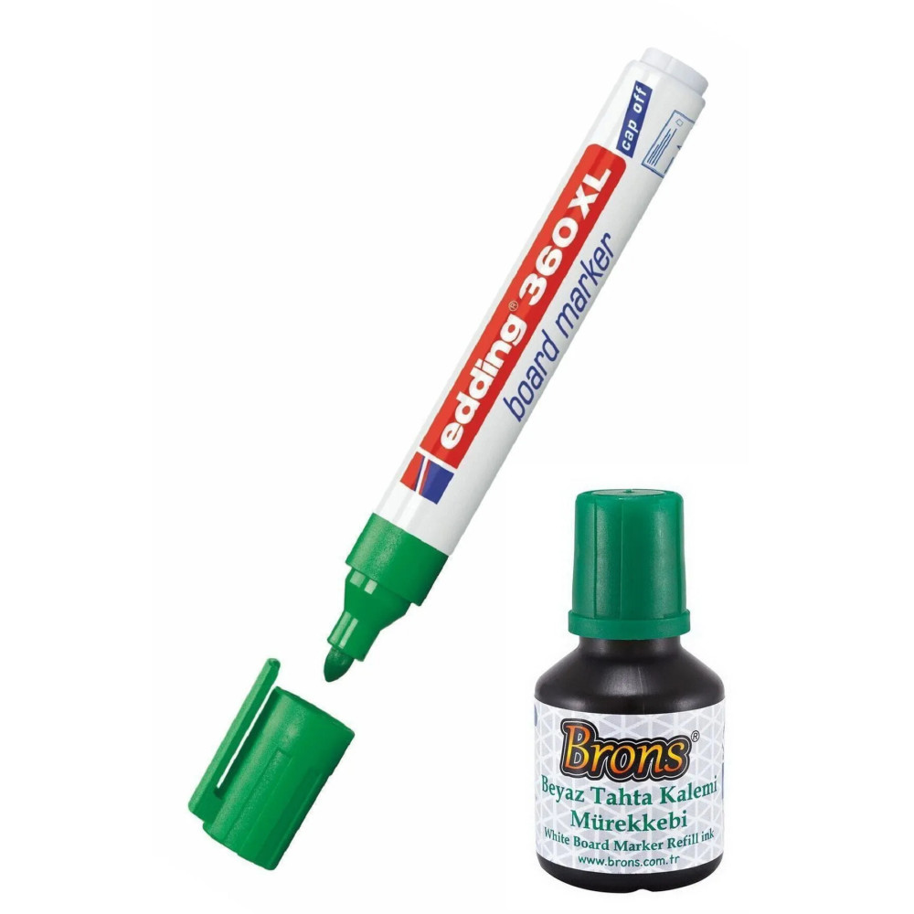30 CC Yeşil Mürekkep ve Edding 360XL Doldurulabilir Yeşil Tahta Kalemi 1 Adet