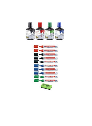 4 Adet 100cc Brons Mürekkep Eddin-360XL Beyaz Tahta Kalemi 10Lu Karışık Set(Mıknatıslı Silgi Hediye)