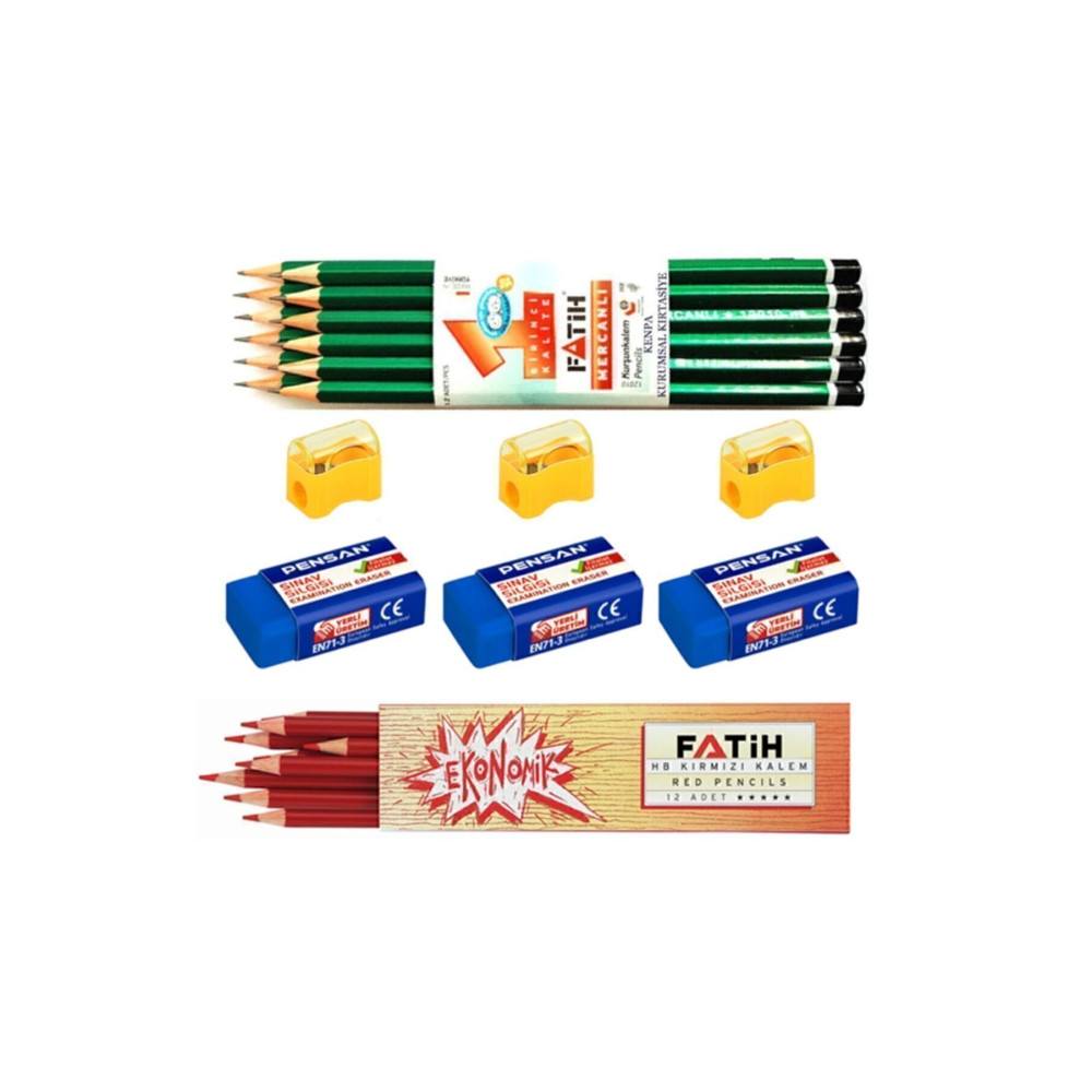 12 Li Mercanlı Kurşun Kalem Kırmızı Kopya Kalemi Silgi Kalem Açacağı Set