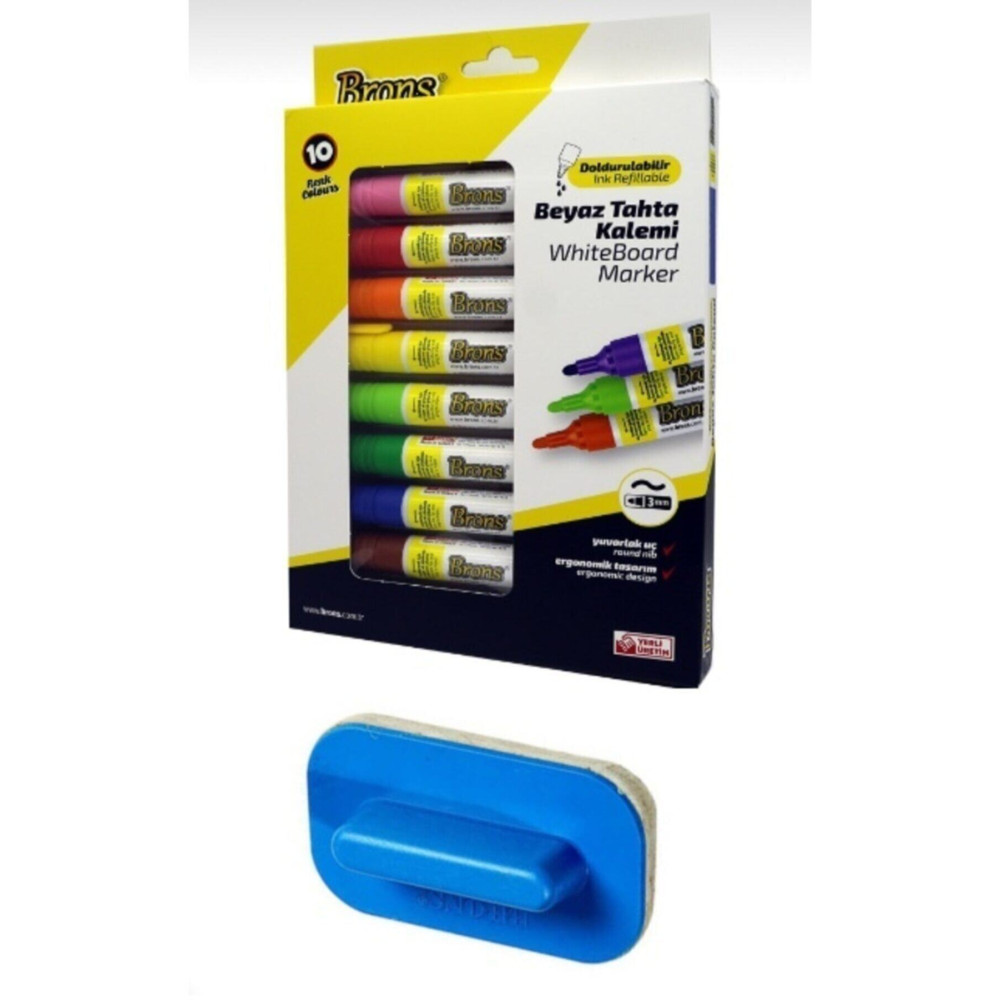Doldurulabilir Beyaz Tahta Kalemi 10 Renk + Tahta Silgisi
